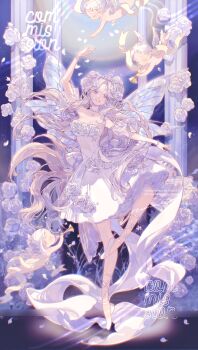 1girl :d absurdres angel_wings arm_up back_bow ballerina ballet bare_shoulders bikini blue_eyes bow bracelet breasts butterfly_necklace butterfly_wings cherub cleavage closed_eyes collarbone colored_eyelashes commentary commission crescent crescent_facial_mark curtained_hair detached_sleeves double_bun dress dress_flower earrings en_pointe english_commentary facial_mark facing_viewer falling_petals flower flower_trim forehead_mark full_body full_moon hair_bun hair_flower hair_ornament highres holding holding_instrument holding_trumpet insect_wings instrument iridescent jewelry leg_ribbon long_hair medium_breasts medium_dress moon necklace open_mouth original outstretched_arm parted_bangs peachuu pearl_bracelet pearl_earrings pearl_hair_ornament pearl_necklace petals petticoat pillar pink_hair plant retire_(ballet) ribbon rose see-through_clothes see-through_sleeves shoes short_sleeves sideways_glance sky smile solo_focus standing standing_on_one_leg star_(sky) starry_sky straight-on strapless strapless_bikini swimsuit tiara train_(clothing) trumpet very_long_hair vines wavy_hair white_bow white_dress white_eyelashes white_flower white_ribbon white_rose white_shoes wings