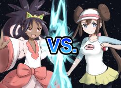 2girls age_difference ahoge alternate_breast_size arm_at_side big_hair black_hair blue_eyes breasts brown_hair collarbone dark-skinned_female dark_skin determined donut_hair_bun double_bun electricity female_focus flat_chest hair_bun hand_up highres holding holding_poke_ball imminent_fight iris_(pokemon) leggings_under_shorts light_blush long_hair looking_at_another looking_at_viewer low-tied_long_hair medium_breasts multiple_girls neck nintendo offencearmor-0131 official_alternate_costume official_alternate_hairstyle open_hand open_mouth outstretched_arms poke_ball poke_ball_print pokemon pokemon_bw2 ponytail red_eyes rosa_(pokemon) shirt short_shorts shorts sidelocks sidelocks_tied_back smile standing star_(sky) starry_sky_background t-shirt three-quarter_sleeves tiara tight_clothes tight_shirt twintails v-neck v-shaped_eyebrows very_long_hair visor_cap vs wide_sleeves