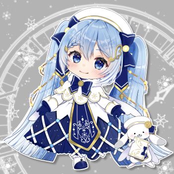1girl :3 absurdres animal ankle_boots blue_bow blue_bowtie blue_eyes blue_gloves blue_hair blunt_ends blush boots bow bowtie braid capelet chibi chibi_only closed_mouth commentary double-parted_bangs dress fortissimo full_body fur-trimmed_boots fur-trimmed_capelet fur_trim gloves grey_background hair_between_eyes hair_bow hair_ornament hat hatsune_miku highres long_dress long_hair long_sleeves looking_at_viewer mofmama musical_note musical_note_hair_ornament outline rabbit rabbit_yukine single_braid skirt_hold sleeve_cuffs smile snowflakes solo standing standing_on_one_leg twintails very_long_hair vocaloid white_boots white_capelet white_dress white_hat white_outline white_rabbit_(animal) yuki_miku yuki_miku_(2021)