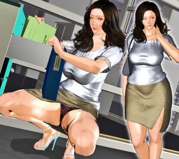 1girl bag black_hair black_panties breasts handbag high_heels kill_the_king large_breasts long_hair looking_at_viewer mature_female multiple_views nail_polish office office_lady panties pantyshot pencil_skirt pink_nails sandals shirt skirt spread_legs squatting toenail_polish toenails underwear