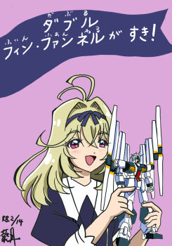 Rule 34 | 1girl, antenna hair, black bow, black capelet, black dress, bow, capelet, char's counterattack, commentary request, dress, fin funnels, funnels (gundam), green eyes, gundam, gunpla, hair bow, hair intakes, highres, holding, horns, long hair, meitantei precure!, model kit, moraemon, moria luluka, nu gundam double fin funnel type, precure, simple background, v-fin