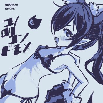 1girl :d animal_ear_fluff animal_ears animal_hands arms_behind_back backbeako_(torotei) backbeard bikini blue_background blue_theme blush breasts cat_ear_bikini cat_ears commentary dated dated_commentary dutch_angle fake_animal_ears from_side front-tie_bikini_top front-tie_top gegege_no_kitarou gloves hair_over_one_eye hair_ribbon kono_lolicon_domome loli long_hair looking_at_viewer looking_to_the_side monochrome navel open_mouth original paid_reward_available paw_gloves pear-shaped_figure pointy_ears ribbon ribs side-tie_bikini_bottom simple_background small_breasts smile solo swimsuit torotei translated twintails v-shaped_eyebrows watermark web_address