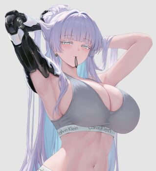 Rule 34 | 1girl, absurdres, alternate costume, armpits, arms up, blush, breasts, calvin klein, closed mouth, commentary request, goddess of victory: nikke, grey background, grey sports bra, hair tie in mouth, highres, large breasts, long hair, looking at viewer, mechanical arms, mole, mole under eye, mouth hold, navel, nayuta (nikke), rizz (ac rizz), simple background, single mechanical arm, solo, sports bra, stomach, tying hair, upper body, white hair