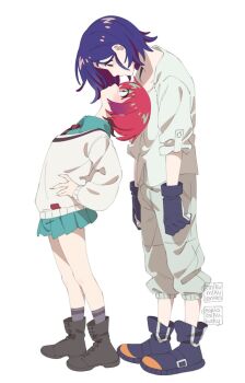 1boy 1girl amate_yuzuriha aqua_eyes aqua_shirt ariamikukanzaki black_boots black_gloves blue_hair boots commentary english_commentary eye_contact gloves gundam gundam_gquuuuuux hands_on_own_hips height_difference highres looking_at_another looking_up miniskirt multicolored_eyes necktie pleated_skirt red_eyes red_hair shirt short_hair shuji_ito signature skirt sleeves_pushed_up striped_necktie sweater two-tone_eyes white_sweater