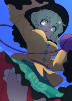 1girl :d bloomers blue_sky breasts cloud commentary_request frills green_eyes green_hair green_skirt hair_between_eyes hat highres komeiji_koishi long_sleeves looking_at_viewer medium_breasts open_mouth parted_lips ryouryou shirt skirt sky smile solo thighs third_eye touhou underwear white_bloomers yellow_shirt