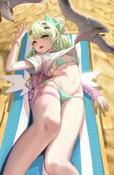 1girl absurdres blush chagan chinatsu_remiel commentary_request green_eyes green_hair hair_ornament hairclip highres loli long_hair looking_at_viewer navel open_mouth ribs solo swimsuit thighs zenless_zone_zero