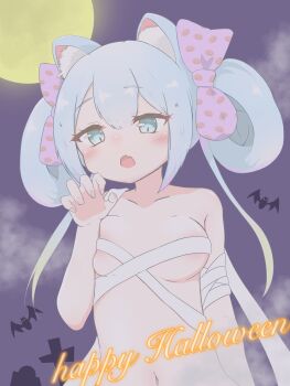1girl absurdres animal_ear_fluff animal_ears bandaged_arm bandages bare_shoulders black_bow blue_eyes blush bow breasts claw_pose collarbone crescent_moon fang fingernails full_moon hair_between_eyes hair_bow halloween happy_halloween highres hirune_shitai4 jack-o&#039;-lantern long_hair moon naked_bandage navel night ongeki open_mouth pink_bow polka_dot polka_dot_bow sarashi sky small_breasts solo suzushima_arisu twintails very_long_hair