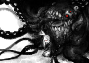1girl bow drooling eyeball greyscale hair_bow horror_(theme) long_hair long_sleeves monochrome monster original pon_(tab_rasa) red_eyes seiza sharp_teeth shirt sitting solo spot_color teeth tentacles too_many_eyes wide_shot