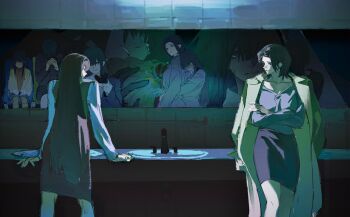 2girls absurdres angry annoyed black_gloves black_hair blunt_bangs chair close-up closed_mouth collarbone crossed_arms crying crying_with_eyes_open evil_smile gil_somyung gloves highres hug hug_from_behind indoors leaning_back leaning_forward like_mother_like_daughter long_hair looking_at_another looking_to_the_side mirror mother_and_daughter multiple_girls on_chair parted_bangs parted_lips public_restroom reflection reflection_focus ryu_sol sad school_uniform shade shaded_face short_hair sink sitting skirt smile somyung&#039;s_mother_(like_mother_like_daughter) spoilers standing tears teeth yizhichunji