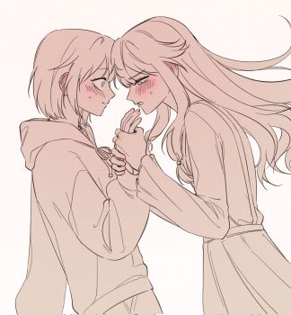 2girls bbijyu blush commentary drawstring from_side highres holding_another&#039;s_wrist hood hoodie kusanagi_nene long_hair monochrome multiple_girls ootori_emu pink_eyes pleated_skirt profile project_sekai purple_eyes short_hair skirt yuri