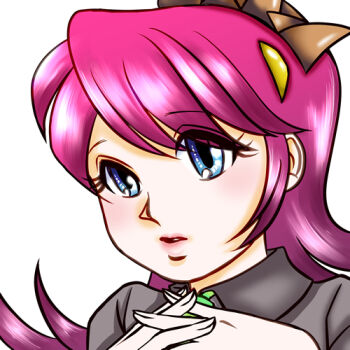 Rule 34 | 1girl, alternate color, alternate eye color, alternate hair color, alternate skin color, blue eyes, close-up, extra mouth, female focus, fukua (skullgirls), futakuchi-onna, lipstick, lowres, makeup, necktie, own hands together, parasite, parted lips, pink hair, prehensile hair, ringo tou hachimitsu, shamone (skullgirls), simple background, skullgirls, solo, white background, yellow eyes