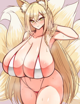 1girl animal_ear_fluff animal_ears areola_slip bikini blonde_hair blush breasts cameltoe cleavage crossed_bangs curvy fox_ears fox_girl fox_tail gigantic_breasts hair_between_eyes hand_in_own_hair highleg highleg_bikini highres hirume_of_heavenly_incense huge_breasts itntn kitsune last_origin long_hair micro_bikini multiple_tails navel pink_background red_bikini smile solo standing straight_hair sweat swimsuit tail thick_thighs thighs white_bikini wide_hips yellow_eyes