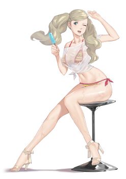 1girl atlus bar_stool bikini bikini_under_clothes blonde_hair breasts commentary commission female_focus food full_body happy high_heels highres j@ck legs long_hair long_legs medium_breasts one_eye_closed panties persona persona_5 popsicle sandals see-through_clothes sega shirt side-tie_bikini_bottom side-tie_panties simple_background solo stool swimsuit swimsuit_under_clothes takamaki_anne toes twintails underwear wet wet_clothes wet_shirt