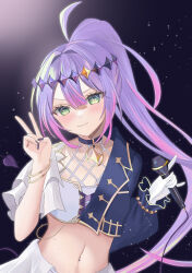 Rule 34 | 1girl, 774norango, absurdres, asymmetrical sleeves, black background, black collar, black nails, blush, bracelet, chain earrings, collar, demon tail, garter straps, gloves, gradient hair, green eyes, hair ornament, half-skirt, highres, holding, holding microphone, hololive, jewelry, long hair, looking at viewer, microphone, mika pikazo (style), multicolored hair, nail polish, navel, navel piercing, official alternate costume, piercing, pink hair, ponytail, purple hair, shorts, single glove, smile, solo, star (symbol), streaked hair, tail, tokoyami towa, tokoyami towa (break your xxx), uneven sleeves, v, virtual youtuber, white gloves