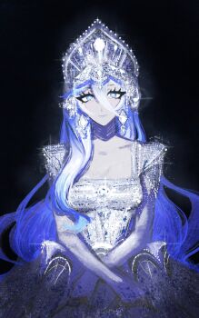 Rule 34 | 1girl, alternate costume, black background, blue eyes, blue hair, blue lips, closed mouth, collarbone, commentary, crown, dress, english commentary, expressionless, genshin impact, glitter dress, glowing, grey dress, hair between eyes, head tilt, headpiece, highres, long hair, long sleeves, looking at viewer, pale skin, shade, solo, star-shaped pupils, star (symbol), symbol-shaped pupils, tractorbelarus228, tsaritsa (genshin impact), upper body, wavy hair