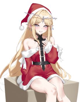 bare_shoulders blonde_hair blue_eyes breasts cartethyia_(wuthering_waves) commentary_request crown_of_thorns earrings feet_out_of_frame hand_up hat jewelry korean_commentary long_hair multiple_earrings parted_bangs parted_lips rkin santa_hat sidelocks simple_background small_breasts smile tacet_mark_(wuthering_waves) unfinished white_background wuthering_waves