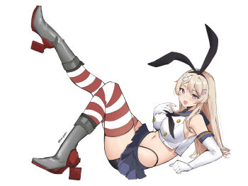 1girl absurdres bare_shoulders black_hairband black_neckerchief black_panties blonde_hair blue_sailor_collar blue_skirt boots breasts character_request copyright_request cosplay crop_top elbow_gloves from_side full_body gloves grey_boots hair_ornament hairband hairclip high_heel_boots high_heels highres kantai_collection knee_up large_breasts leg_up long_hair looking_at_viewer midriff navel neckerchief open_mouth panties parallel_hairclips pinepin pink_eyes pleated_skirt rabbit_hair_ornament red_thighhighs sailor_collar school_uniform serafuku shimakaze_(kancolle) shimakaze_(kancolle)_(cosplay) simple_background skirt smile solo striped_clothes striped_thighhighs teeth thighhighs underwear upper_teeth_only white_background white_gloves