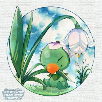 artist_name artstation_username aurora-silver blue_sky capsakid closed_eyes closed_mouth cloud commentary day deviantart_username english_commentary flower full_body grass nintendo no_humans outdoors pokemon pokemon_(creature) pokemon_focus sitting sky smile solo tooth white_flower