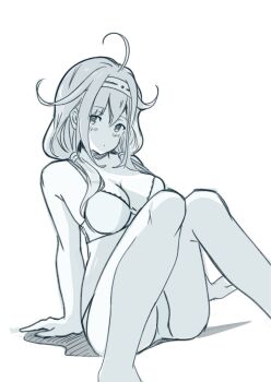 1girl ahoge bra chakoru dutch_angle greyscale hair_flaps hairband highres kantai_collection looking_at_viewer monochrome panties ryuuhou_(kancolle) sitting solo taigei_(kancolle) underwear underwear_only
