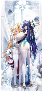 2girls absurdres ahoge ass bare_shoulders black_gloves blonde_hair blue_eyes blue_hair blurry blush bodystocking breasts crown cum cum_on_body cum_on_clothes dk.senie dress elbow_gloves facial full_body futa_with_female futanari garter_straps gloves grabbing_another&#039;s_breast groping hair_ornament high_heels highres horns hug huge_breasts implied_futanari indoors legs lingerie long_hair looking_at_viewer multiple_girls nipple_stimulation nipple_tweak original panties pantyhose purple_hair see-through_clothes see-through_gloves shoes smile standing thighhighs thighhighs_over_pantyhose thighs underwear very_long_hair white_dress white_gloves white_pantyhose