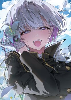 1girl :d absurdres blue_sky bright_pupils cloud cloudy_sky colored_inner_hair commentary english_commentary flower gloves goddess_of_victory:_nikke grey_hair highres liliweiss_(nikke) multicolored_hair open_mouth pink_hair s2roob sky smile solo star-shaped_pupils star_(symbol) symbol-shaped_pupils teeth upper_body upper_teeth_only white_flower white_gloves white_lily white_pupils