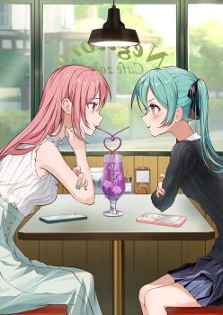 2girls absurdres aqua_hair aqua_nails bare_legs bare_shoulders blush cellphone cup dating drink drinking_glass drinking_straw hatsune_miku highres ice long_hair long_skirt looking_at_another megurine_luka multiple_girls napkin napkin_holder phone pink_hair pink_nails purple_liquid ramika_(ramika0606) restaurant salt salt_shaker sitting skirt sleeveless smartphone sweater table twintails vocaloid window yuri