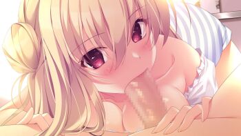 1boy 1girl blonde_hair blush breasts censored cleavage fellatio game_cg hair_between_eyes hair_bun hetero long_hair looking_at_viewer medium_breasts midorikawa_miu miniskirt mosaic_censoring muchimuchi_dakara_mukumuku_shita_~osananajimi_to_no_sugoshikata~ off-shoulder_shirt off_shoulder oral penis pov red_eyes shirt skirt solo_focus striped_clothes striped_skirt white_shirt yoppy