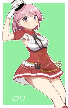 1girl absurdres armpits artist_logo boots border breasts commentary_request feet_out_of_frame giuseppe_garibaldi_(kancolle) gloves green_background hat highres kantai_collection logo looking_at_viewer ma_rukan medium_breasts parted_lips pink_eyes pink_hair pleated_skirt red_boots red_shirt red_skirt salute shirt short_hair signature skirt smile solo two-tone_background white_border white_gloves white_hat