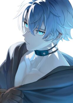 Rule 34 | 1boy, black choker, black shirt, blue eyes, brown gloves, choker, closed mouth, collarbone, gloves, highres, honkai: star rail, honkai (series), looking at viewer, male focus, neck tattoo, parted hair, phainon (honkai: star rail), rrrrrin20, sanpaku, shirt, short hair, simple background, solo, sun symbol, sun tattoo, tan, tattoo, white background, white hair
