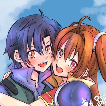 Rule 34 | 1boy, 1girl, armor, black hair, brown hair, commentary request, couple, cropped jacket, curtained hair, eiyuu densetsu, estelle bright, falcom, fingerless gloves, gloves, hair intakes, highres, joshua bright, looking at viewer, nekosuzuan 22, open mouth, pauldrons, shoulder armor, sora no kiseki, twintails