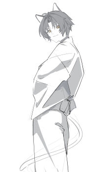 1boy absurdres alternate_costume animal_ears asaba_harumasa bingzhen_h2o black_choker black_hair cat_ears cat_tail choker closed_mouth commentary_request cowboy_shot fake_animal_ears fake_tail from_side highres japanese_clothes kimono light_smile looking_at_viewer male_focus parted_bangs short_hair simple_background sketch solo tail white_background white_kimono yellow_eyes zenless_zone_zero