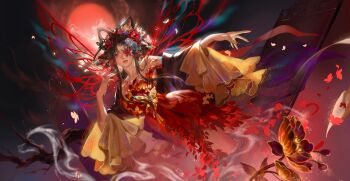 1girl absurdres bare_shoulders black_flower black_hair black_robe bow-shaped_hair branch bug butterfly butterfly_in_eye butterfly_wings chinese_clothes chinese_commentary chongjiu_yi_kuang_yan closed_mouth collarbone commentary_request dissolving_clothes dress floating flower folding_screen frilled_sleeves frills full_moon hair_flower hair_ornament hair_rings highres insect insect_wings into_screen_ashes_burn_(shining_nikki) light_particles long_hair long_sidelocks long_sleeves moon nail_polish night night_sky nikki_(series) outdoors outstretched_hand pink_eyes pink_lips realistic red_dress red_moon red_nails red_wings robe scar scar_on_face shining_nikki short_dress sidelocks sky smoke solo strapless strapless_dress thick_lips wide_sleeves wings