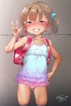 1girl backpack bag blue_eyes blush brown_hair dress frilled_dress frills hair_ornament hand_on_own_hip highres imazon loli looking_at_viewer naughty_face original outdoors panties panty_peek randoseru short_hair smile solo twintails underwear v