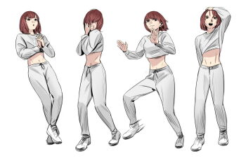 1girl adjusting_hair arm_up arms_out bob_cut breasts brown_eyes crop_top dancing drawing drawstring hair_over_eyes hair_over_face hands_on_own_face joongchel_kim looking_at_viewer medium_breasts midriff multiple_views navel open_mouth original outstretched_arm own_hands_together palms pants red_hair shirt shoes short_hair simple_background smile sneakers sweat white_background white_footwear white_legwear white_shirt