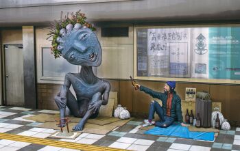 1boy alcohol beanie beard big_head black_hair blue_coat blue_hat bottle bulletin_board cardboard coat commentary denim door facial_hair flower giving hands_on_own_legs hat head_tilt highres holding holding_bottle homeless jeans kiginobiru_(hayapi) monster open_mouth original pants plant red_flower red_shirt rolling_suitcase sake_bottle shirt shoes sitting skull sneakers suitcase tactile_paving tarpaulin tile_floor tiles torii torn_clothes torn_jeans torn_pants trash_bag twig white_footwear