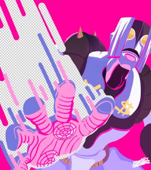 1other absurdres artist_name checkered_print commentary_request diamond_wa_kudakenai dollar_sign highres jojo_no_kimyou_na_bouken limited_palette open_mouth pink_background sakanagi_(a_r_co) signature solo spikes stand_(jojo) the_hand_(stand) yen_sign