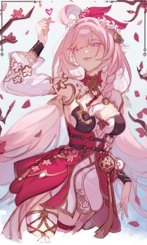 1girl arbk_r bell branch breasts cherry_blossoms cleavage diamond-shaped_pupils diamond_(shape) dress elysia_(herrscher_of_human:_ego)_(honkai_impact) elysia_(honkai_impact) elysia_(peachy_spring)_(honkai_impact) falling_petals flower hair_bell hair_flower hair_ornament hashtag-only_commentary highres honkai_(series) honkai_impact_3rd large_breasts long_braid long_hair long_sleeves official_alternate_costume petals pink_hair puffy_long_sleeves puffy_sleeves purple_eyes red_dress solo symbol-shaped_pupils very_long_hair