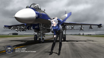 1girl air-to-air_missile aircraft aircraft_hanger airplane arm_up belt belt_buckle bent_over black_belt black_boots black_pants blue_eyes blue_hair blue_sweater boots breasts buckle canards canopy_(aircraft) character_name closed_mouth cloud cloudy_sky cockpit collarbone commentary day emblem english_commentary english_text fighter_jet forest full_body grass grey_sky high_heel_boots high_heels highres landing_gear large_breasts leather leather_pants long_hair long_sleeves military military_vehicle missile nature off-shoulder_sweater off_shoulder original outdoors pants r-27_vympel r-73_vympel runway shadow sidelocks sky smile solo spaghetti_strap standing su-33 sunglasses sweater vehicle_focus weapon yellow-framed_eyewear zero_(73ro)
