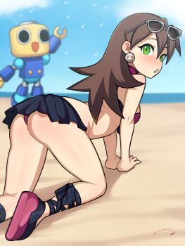 1girl aldharoku all_fours ass beach bikini black_bikini black_footwear black_skirt blue_sky blurry blurry_background blush brown_hair capcom cloud day earrings eyebrows eyelashes foot_out_of_frame from_behind from_side green_eyes highres jewelry long_hair looking_at_viewer looking_back mega_man_(series) mega_man_legends_(series) miniskirt multicolored_bikini nose nose_blush ocean outdoors parted_lips petite purple_bikini purple_footwear ribs robot sand servbot_(mega_man) skirt skull_earrings sky solo_focus sunglasses sunglasses_on_head swimsuit teeth tron_bonne_(mega_man) two-tone_bikini two-tone_footwear water white-framed_eyewear