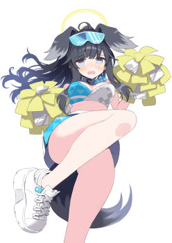 1girl animal_ears black_hair blue_archive blue_eyes blush breasts cheerleader cleavage commentary_request dog_ears dog_girl dog_tail goggles goggles_on_head halo hibiki_(blue_archive) hibiki_(cheer_squad)_(blue_archive) highres holding holding_pom_poms long_hair looking_at_viewer midriff millennium_cheerleader_outfit_(blue_archive) official_alternate_costume open_mouth pom_pom_(cheerleading) pom_poms shoes simple_background skirt solo star_(symbol) star_sticker sticker sticker_on_face tail torinosu_afro white_background white_shoes yellow_halo