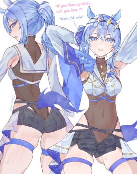 1girl absurdres alternate_costume animal_ears armpits arms_up artist_name back blue_eyes blue_hair boijfal breasts commentary covered_navel english_text hair_between_eyes hair_ornament highres hololive horse_ears horse_girl horse_tail hoshimachi_suisei light_blush long_sleeves looking_at_viewer meme nah_i&#039;d_win_(meme) navel parody ponytail side_ponytail simple_background small_breasts speech_bubble sweatdrop tail thick_thighs thigh_strap thighs umamusume virtual_youtuber