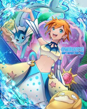 1girl aqua_eyes breasts cetacean_tail detached_sleeves earrings fins fish_tail gen_1_pokemon highres jewelry looking_at_viewer midriff misty_(pokemon) misty_(sygna_suit)_(pokemon) moriartsu navel nintendo official_alternate_costume orange_hair pokemon pokemon_(creature) pokemon_masters_ex psyduck sparkle star_(symbol) starmie tail tears twitter_username vaporeon water watermark