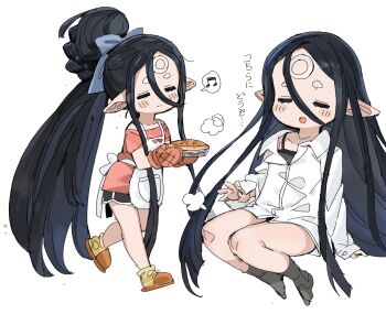 absurdly_long_hair apron black_hair blush closed_eyes food granblue_fantasy harvin high_ponytail highres long_hair midget open_mouth pie pointy_ears ponytail rei_(granblue_fantasy) sidelocks spawnfoxy very_long_hair