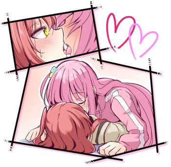 2girls blush bocchi_the_rock! close-up commentary_request cube_hair_ornament french_kiss girl_on_top gotoh_hitori hair_ornament heart ichimi inset_border kiss kita_ikuyo long_hair multiple_girls pink_background pink_hair red_hair side_ahoge simple_background sweat tongue tongue_out two-tone_background white_background yellow_eyes yuri