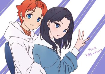 1boy 1girl black_hair blue_eyes blush commentary_request couple forehead gridman_universe gridman_universe_(movie) hetero hibiki_yuuta highres hug hug_from_behind jacket jitter_(jtdm5347) long_hair long_sleeves looking_at_viewer red_hair shirt short_hair takarada_rikka upper_body wing_collar