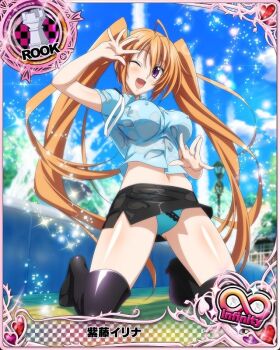 1girl blush breasts card_(medium) chess_piece cleavage cuffs female_focus handcuffed handcuffs hat high_school_dxd large_breasts long_hair official_art orange_hair panties pencil_skirt police police_uniform policewoman purple_eyes rook_(chess) shidou_irina skirt solo twintails underwear