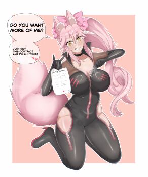 1girl absurdres animal_ear_fluff animal_ears black_bodysuit black_choker black_gloves bodysuit border breasts choker cleavage clothing_cutout commentary elbow_gloves english_commentary english_text fate/grand_order fate_(series) fox_ears fox_tail giacmertanfine glasses gloves grey-framed_eyewear grin hair_between_eyes hair_ribbon highres hip_vent holding holding_paper koyanskaya_(assassin)_(first_ascension)_(fate) koyanskaya_(fate) large_breasts long_hair open_mouth paper pink_hair pink_ribbon pink_tail ponytail ribbon simple_background smile solo tail teeth white_border yellow_eyes zipper zipper_pull_tab