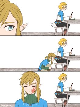 1boy 1girl ass blonde_hair comic fart highres link nintendo pointy_ears princess_zelda short_hair sitting slap_mark slapping smelling smelling_ass teraichigo the_legend_of_zelda the_legend_of_zelda:_tears_of_the_kingdom