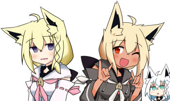 Rule 34 | 3girls, ahoge, alternate color, animal ear fluff, animal ears, aryuaryuryu, black hoodie, blank eyes, blonde hair, blue neckerchief, blush, braid, breasts, commentary request, detached sleeves, double fox shadow puppet, earrings, fox ears, fox girl, fox shadow puppet, green eyes, hair between eyes, hololive, hood, hoodie, idol showdown, jewelry, long hair, looking at another, looking at viewer, multiple girls, multiple persona, neckerchief, one eye closed, open mouth, pink neckerchief, purple eyes, red eyes, shirakami fubuki, shirakami fubuki (1st costume), sidelocks, simple background, single braid, small breasts, virtual youtuber, white background, white hair, white hoodie, white neckerchief