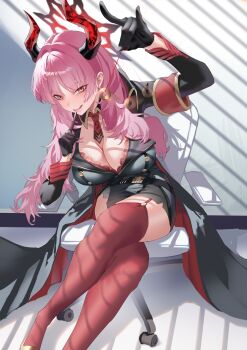 1girl absurdres black_gloves blue_archive bra bra_peek breasts chinese_commentary cleavage coin coin_on_string commentary_request crossed_legs demon_girl demon_horns garter_straps gloves halo highres holding holding_pendulum holed_coin horns hypnotizing_viewer indoors large_breasts liuli_xiao long_hair looking_at_viewer mole mole_on_breast multicolored_horns necktie open_mouth pendulum pink_hair red_bra red_garter_straps red_halo red_horns red_necktie red_thighhighs satsuki_(blue_archive) sitting solo thighhighs underwear